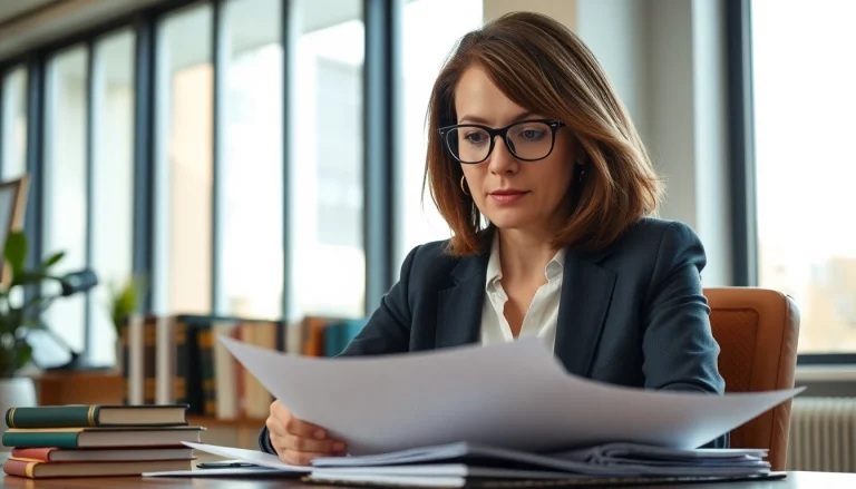 Environmental lawyer analyzing green policies in a well-lit, modern office.