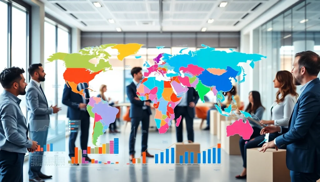 People discussing imports data with world map and trade charts in a bright office setting.