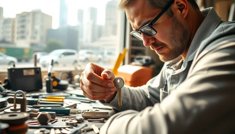 Skilled professional creating Van Keys in an urban locksmith workshop with tools around.
