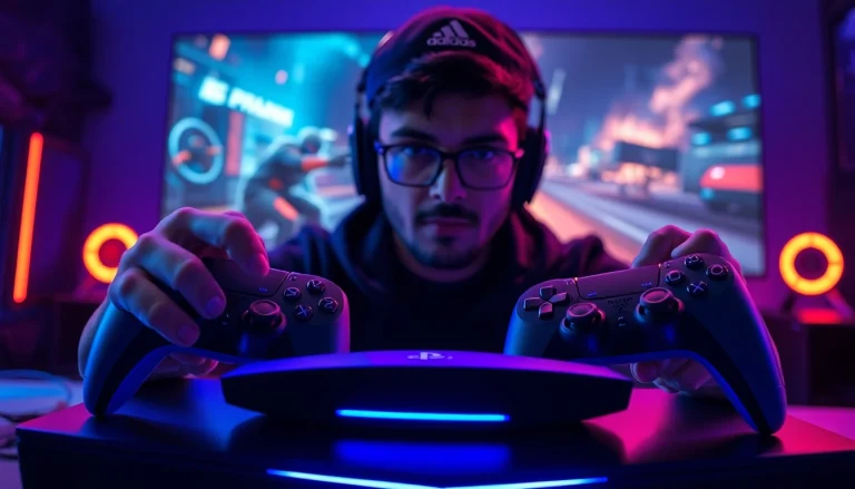 Engaged gamer playing PS5 games on a high-end setup with vibrant neon lights.