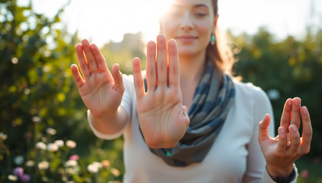 Explore various yoga mudras in a serene outdoor setting with hands highlighted.