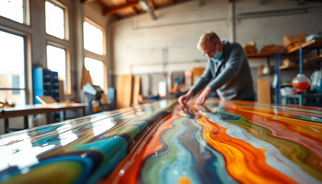 Laminating resin application in a bright workshop demonstrating detailed crafting techniques.