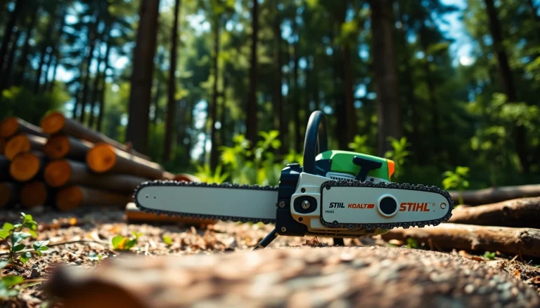 Stihl Motorsäge in Aktion, robustes Design und ergonomische Funktionen für effizientes Arbeiten.