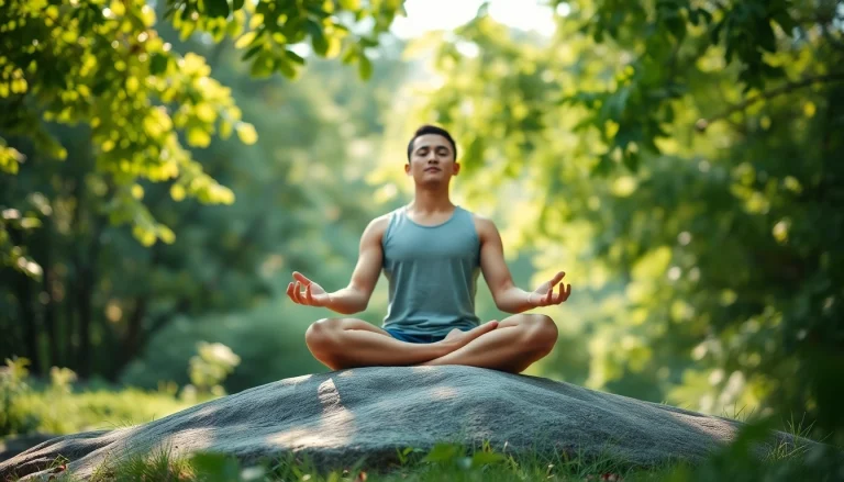 Individual practicing mindfulness meditation outdoors while dealing with stress in a serene environment.