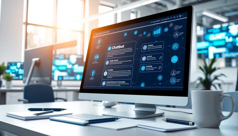 Engaging website chatbot interface on a desktop, enhancing user experience in a modern office.