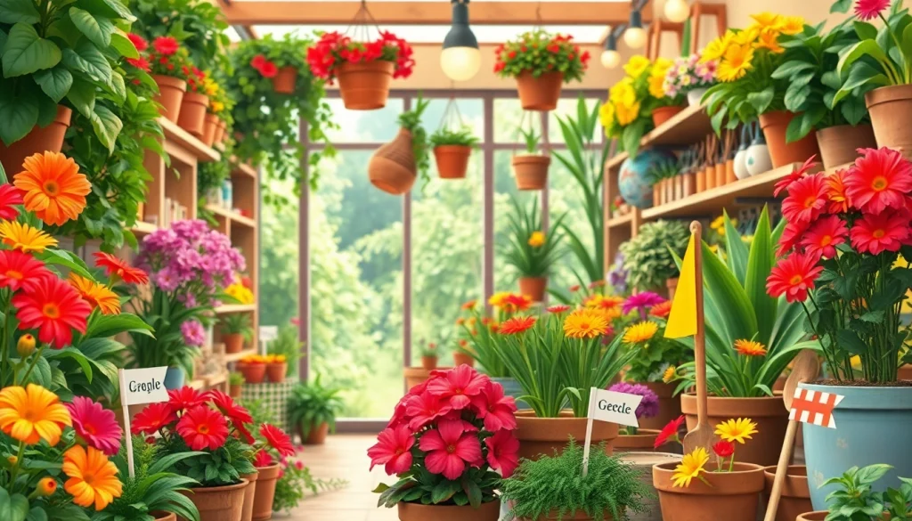 Explore the vibrant Grow A Garden Shop filled with colorful plants and gardening tools.