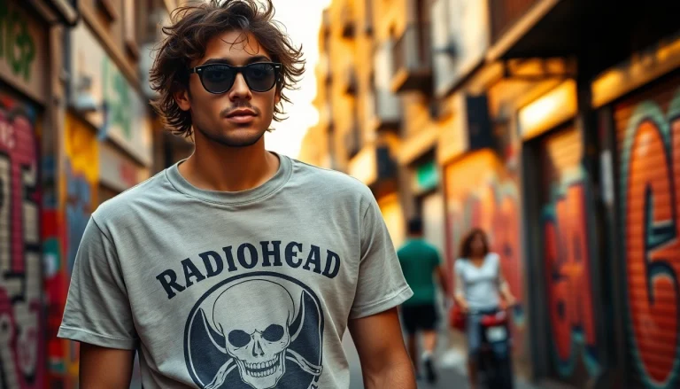 Person showcasing a vintage Radiohead shirt in a vibrant urban setting.