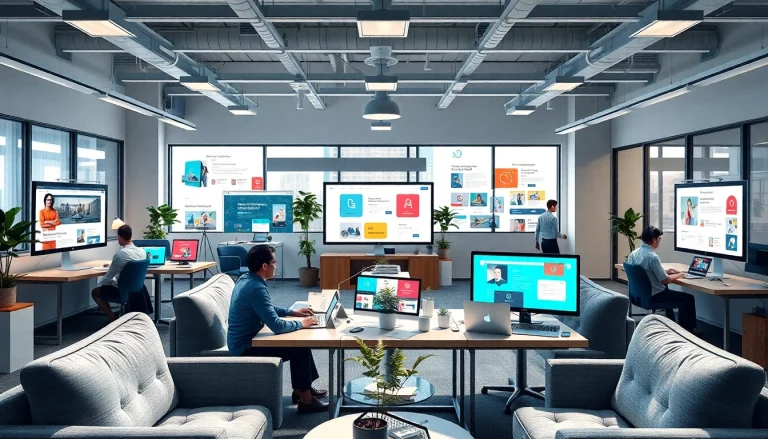 Creazione sito web agenzia: team di lavoro all'opera in un'agenzia web con progetti visivi.
