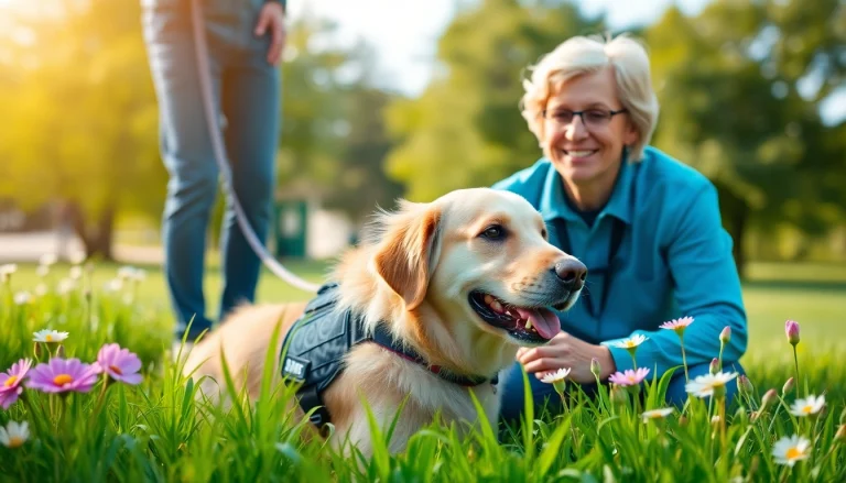 Service dogs for sale in a serene park, showcasing trained assistance dogs with their handlers.