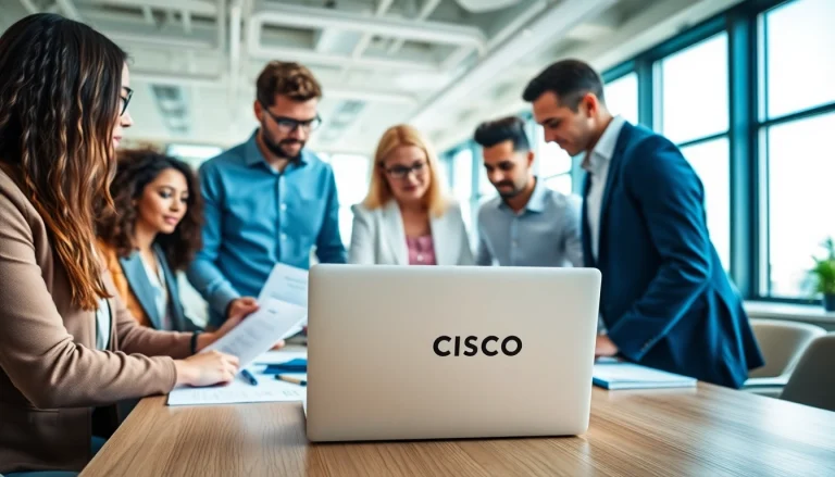Cisco partner certification help illustrated through IT professionals collaborating in a modern office.