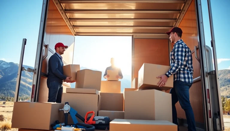 Colorado movers efficiently packing items in a scenic Colorado setting.