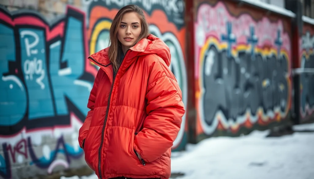 Model in an Oversize Puffer Jacket poses against urban graffiti backdrop.