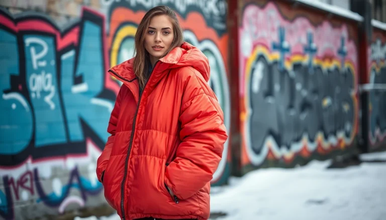 Model in an Oversize Puffer Jacket poses against urban graffiti backdrop.