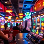Permainan slot game yang menarik dengan mesin slot berwarna-warni di latar belakang kasino yang hidup.