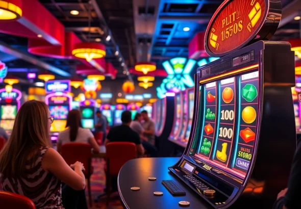 Permainan slot game yang menarik dengan mesin slot berwarna-warni di latar belakang kasino yang hidup.