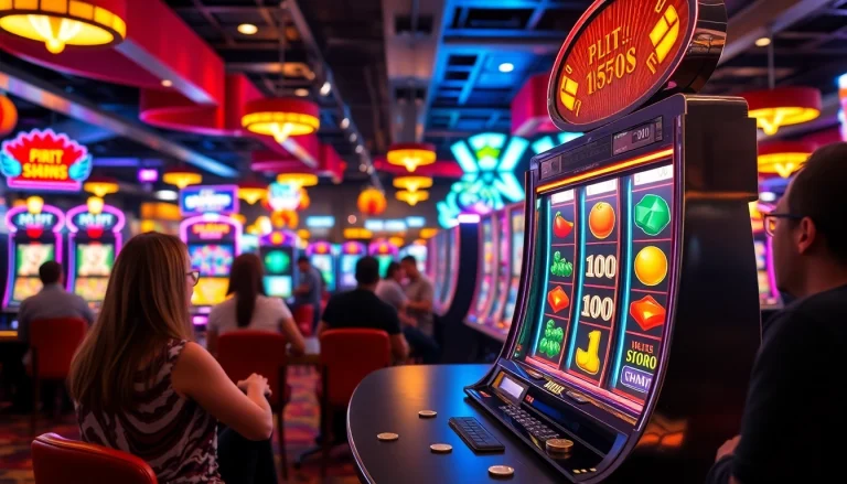 Permainan slot game yang menarik dengan mesin slot berwarna-warni di latar belakang kasino yang hidup.
