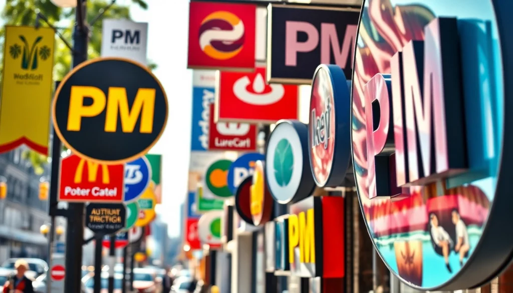 Showcase of diverse pm signs in a busy custom sign shop highlighting craftsmanship.