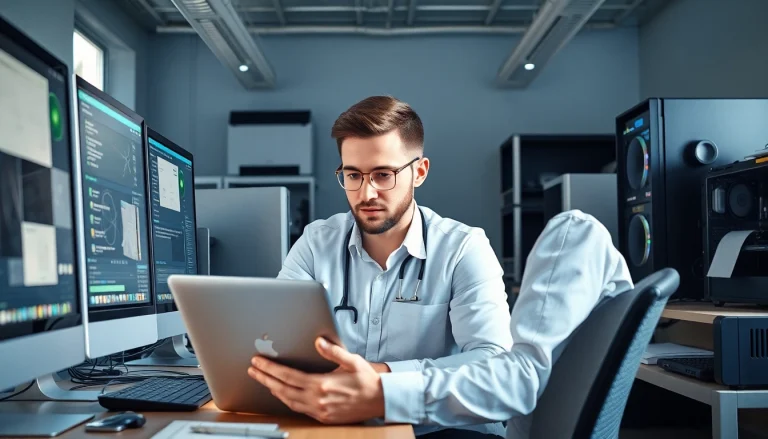 Providing exceptional computer help near me with a focused technician in a modern workspace.