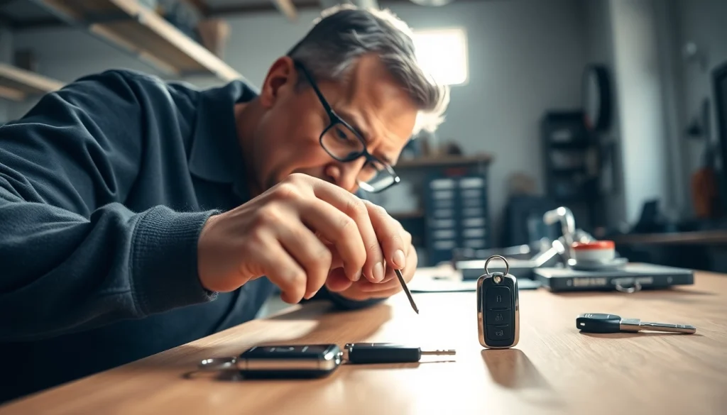 Locksmith repairing Lost Car Keys with professional tools in a well-lit workshop.