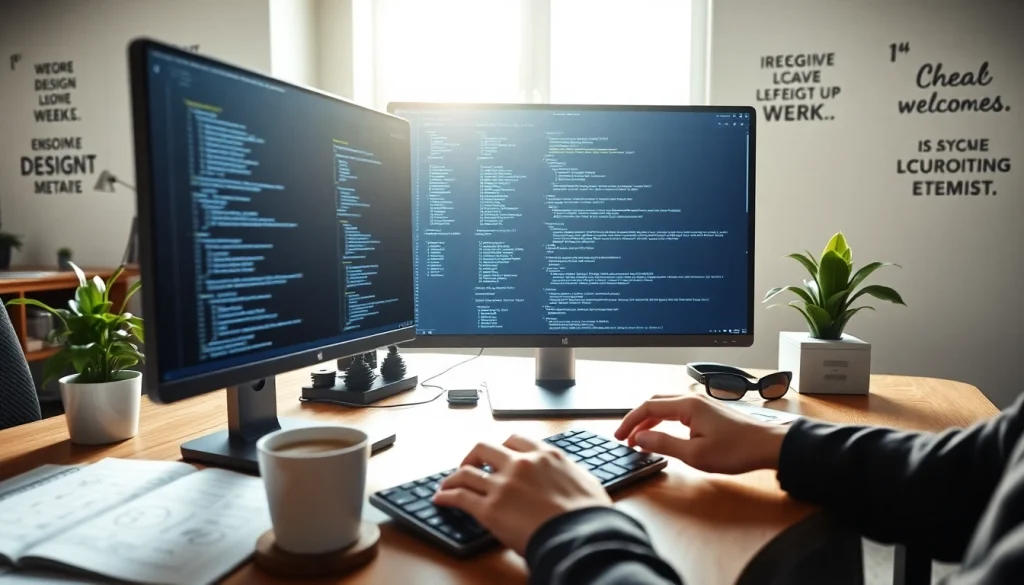 Engaging web development workspace highlighting coding tasks with a computer and creative elements.