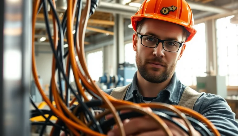 Electrical Contractor working intently on intricate electrical systems in a modern workshop.