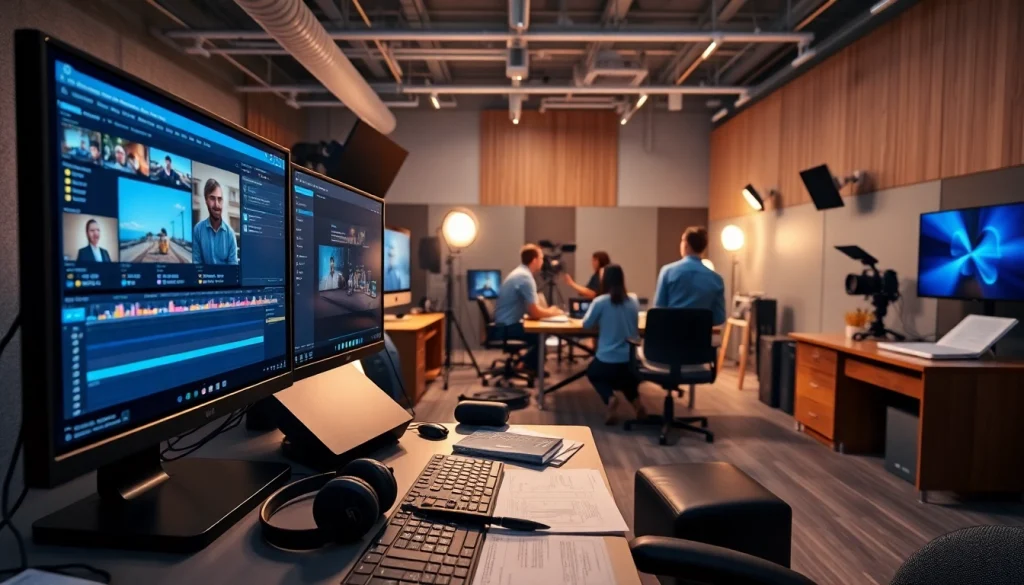 Editing Post Production Toronto showcasing a professional editing suite with modern equipment and a creative team.