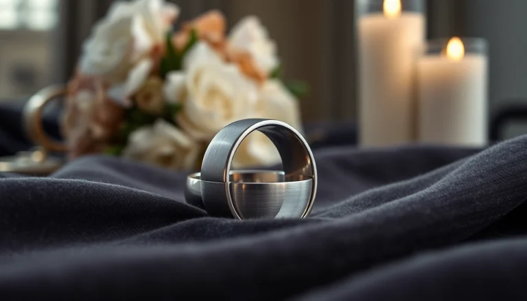 Discover a stunning tungsten wedding band featuring a polished surface and romantic setting.
