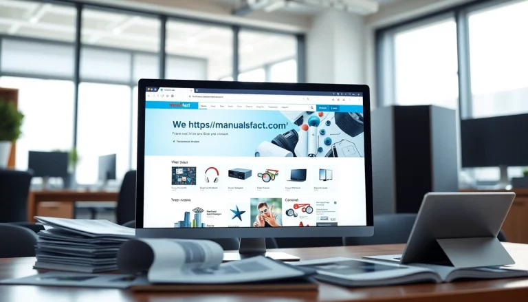 Browse user manuals effortlessly at https://manualsfact.com/ with a scenic office setup highlighting productivity.