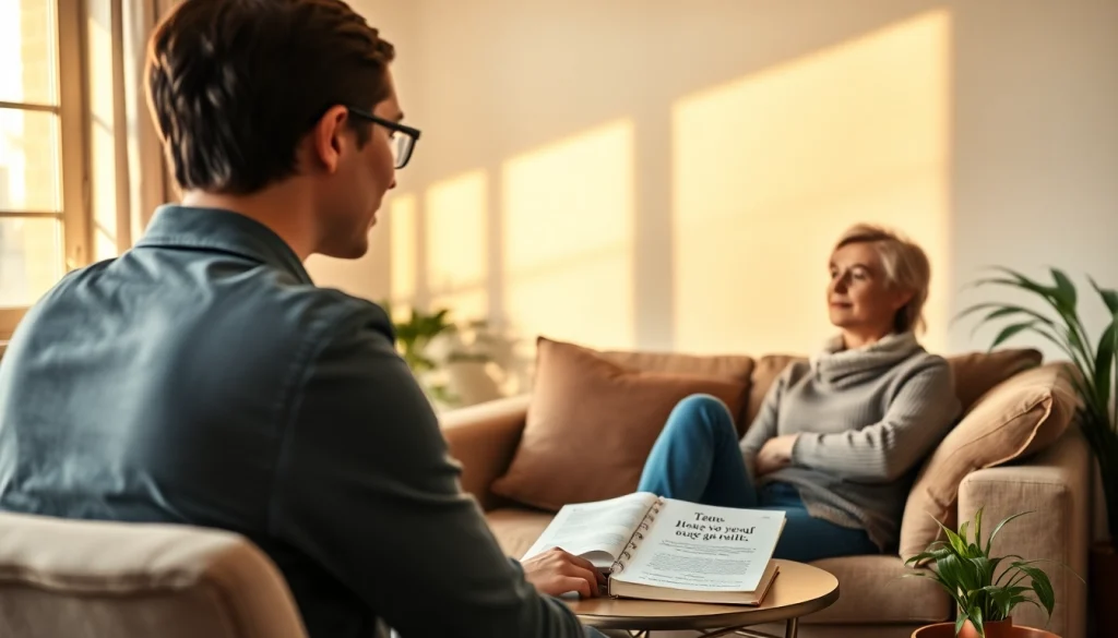 Engaged relationship coach providing support to a couple in a warm-setting room.