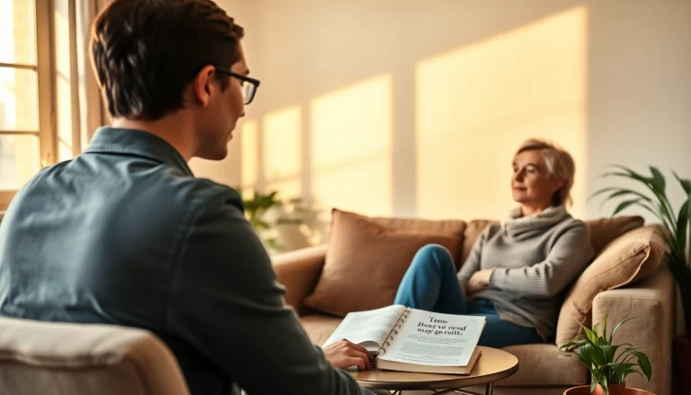 Engaged relationship coach providing support to a couple in a warm-setting room.