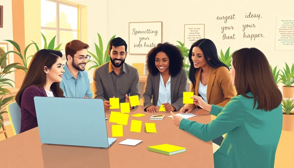 Learn how to start a side hustle with collaborative brainstorming in a bright workspace.