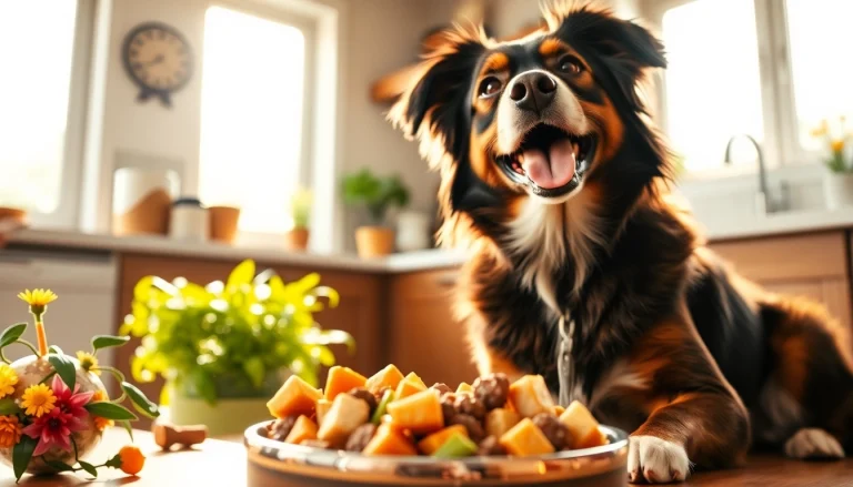 Dog eagerly enjoying Badlands Ranch dog food Canada in a sunny kitchen setting.