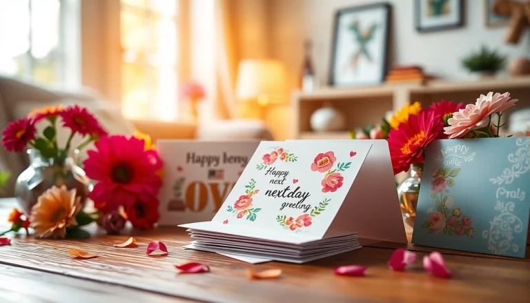 Showcase next day greeting cards with floral decor, emphasizing vibrant designs and warm atmosphere.