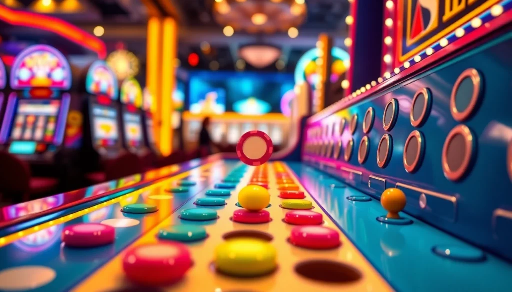 Permainan plinko yang menarik dengan pemain menjatuhkan chip di papan permainan.