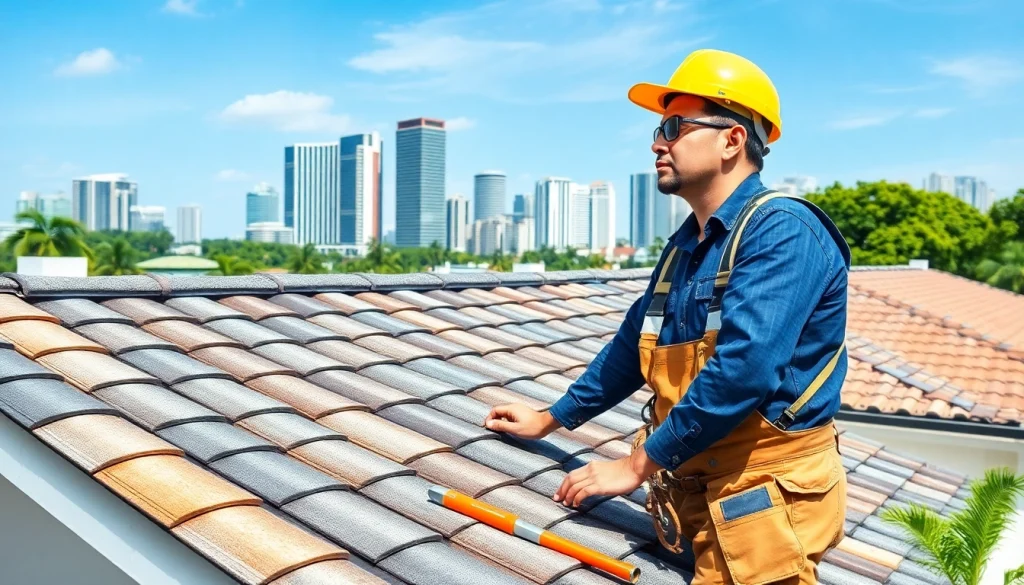 Inspecting a roof with vibrant colors and a city backdrop, focusing on Roofing Singapore services.