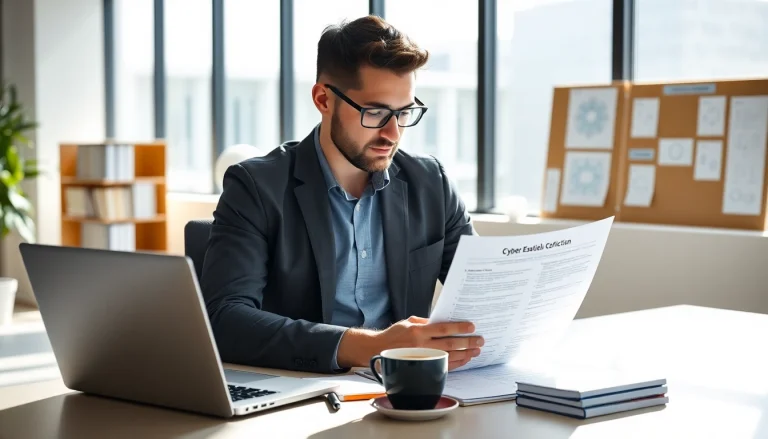 Review expert engaged in Cyber Essentials Certification documentation in a modern office setting.