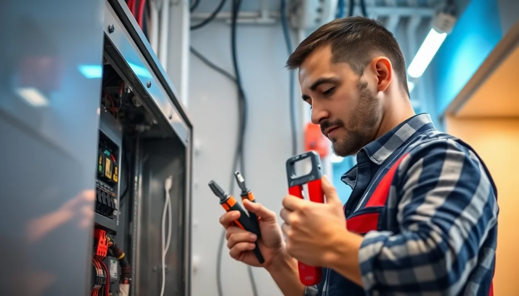 Electrician performing an Electrical Panel Upgrade with professional tools in a modern home.
