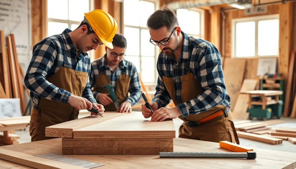 Engaged apprentices in carpentry apprenticeship near me working on wood projects in a professional setting