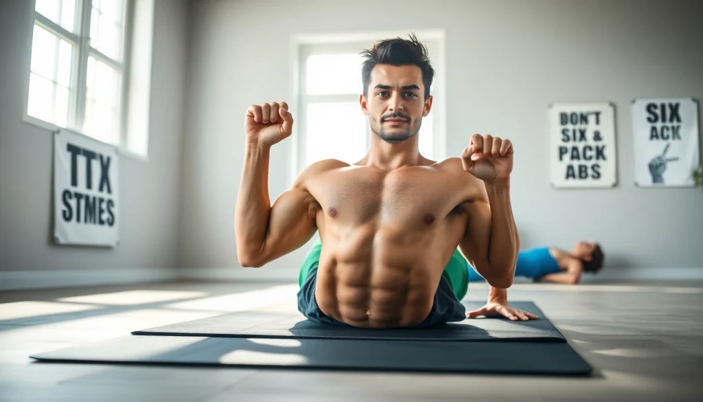 Oefening voor sixpackbuikspieren met een gemotiveerde atleet in een thuisgym.