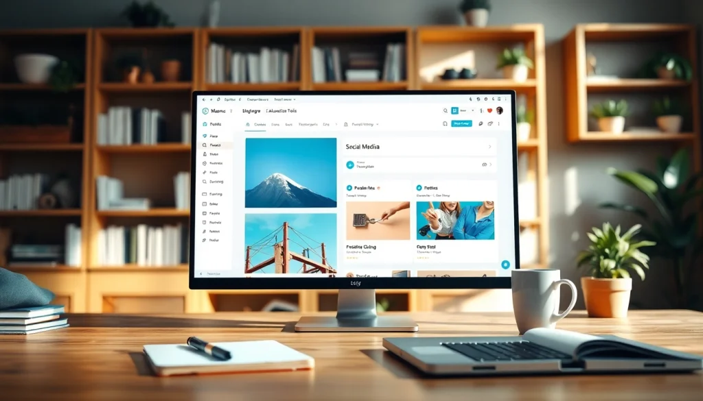 Utilizing social media and blog automation tools on a professional workspace for enhanced productivity.