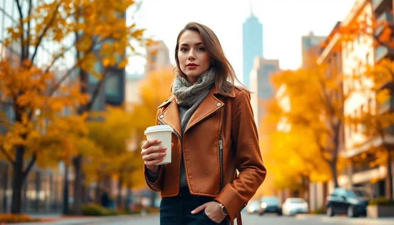 Stylish jacket women displayed by a fashionable model in an autumn urban setting