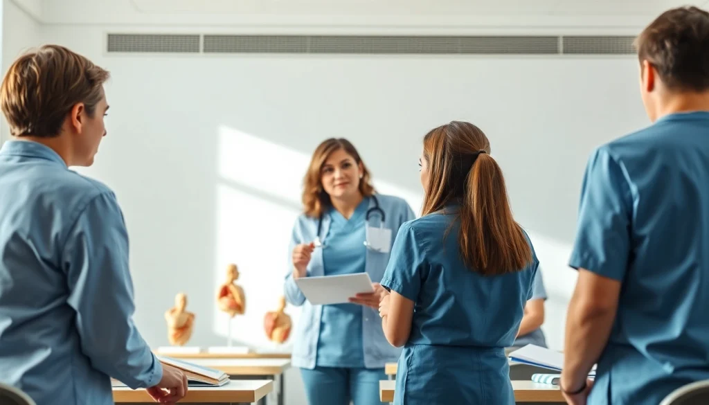 La educación en enfermería a través de un educador que interactúa con estudiantes en un aula moderna.