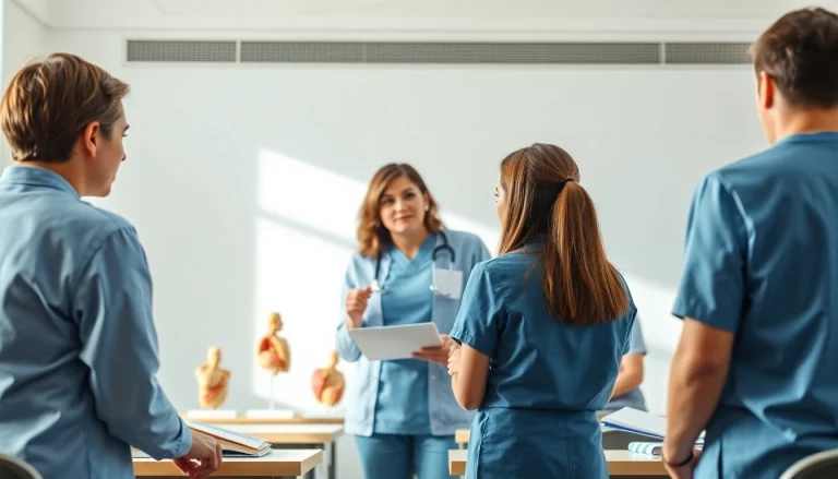 La educación en enfermería a través de un educador que interactúa con estudiantes en un aula moderna.