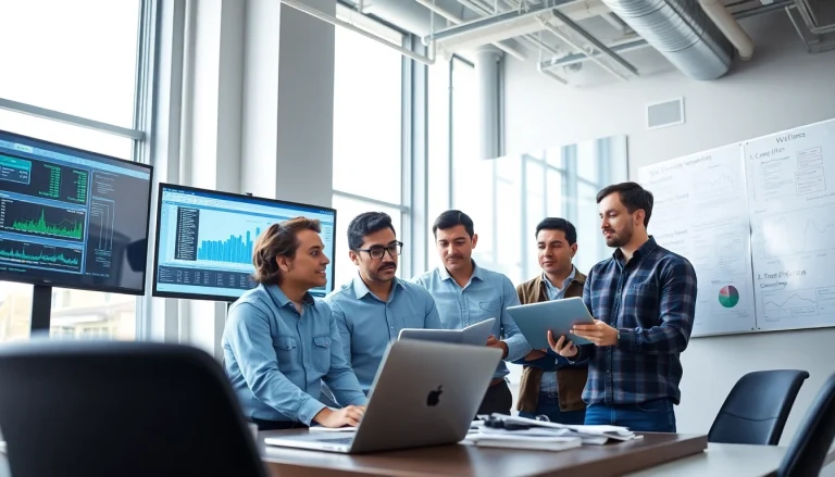 Site reliability engineering experts collaborating in a modern office, displaying technology and teamwork.