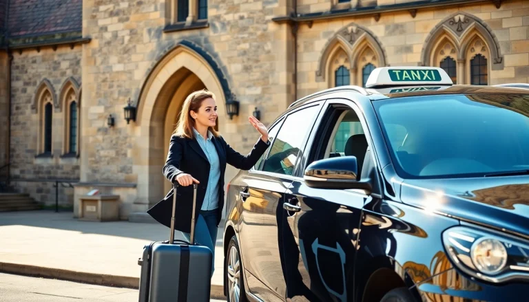 Customer enjoying a Canterbury to Heathrow taxi service with a friendly driver at a historic location.