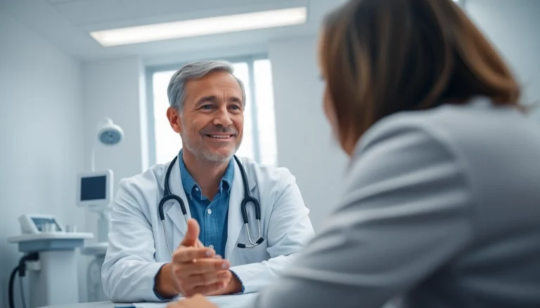 Ryon Parker MD consulting with a patient in a modern medical clinic setting, showcasing professionalism and warmth.