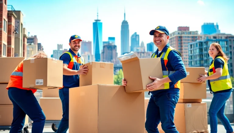 NYC movers expertly handling boxes and furniture during a cheerful urban move.