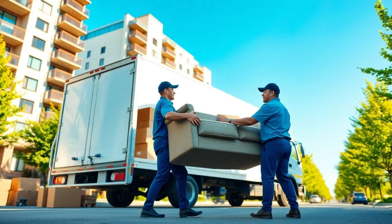 Movers calgary unloading boxes from a professional moving truck at an apartment building.