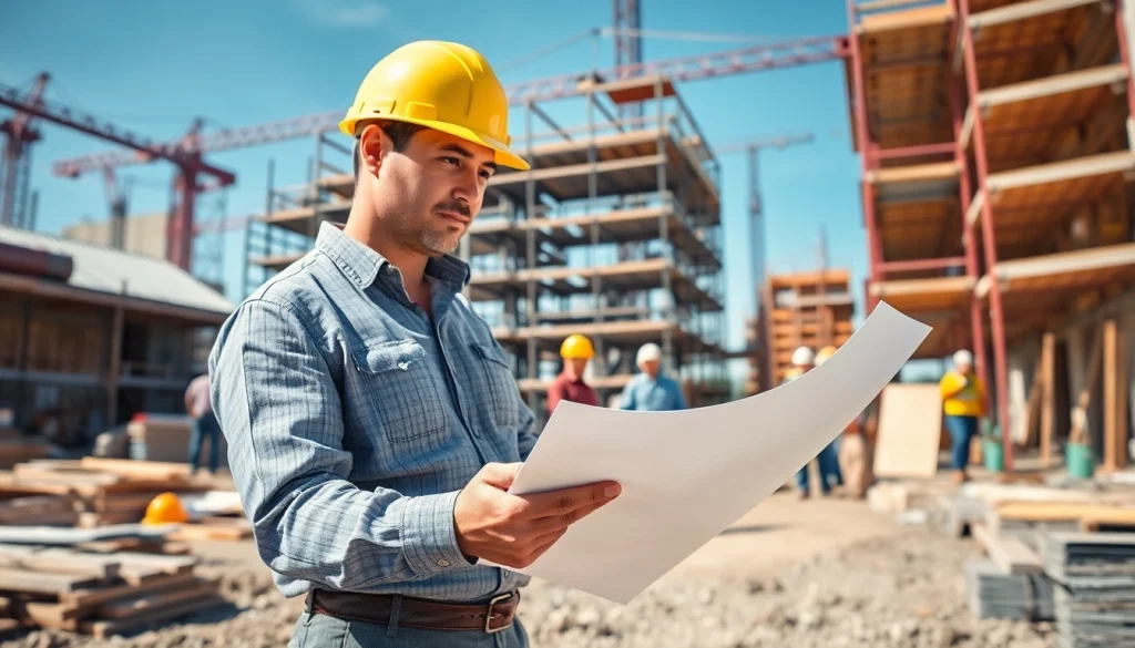 New Jersey General Contractor reviewing blueprints at a dynamic construction site with team members.