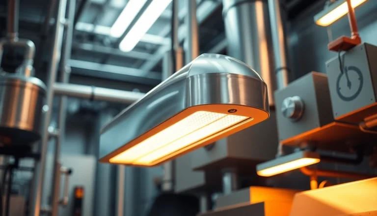 An infrared heating lamp efficiently warming a workspace, showcasing high-tech design and energy efficiency.